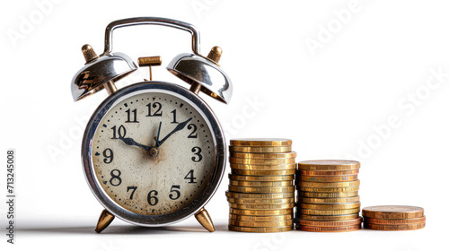 Vintage golden alarm clock with stacks of coin. Time and money for financial concept. Copy space.