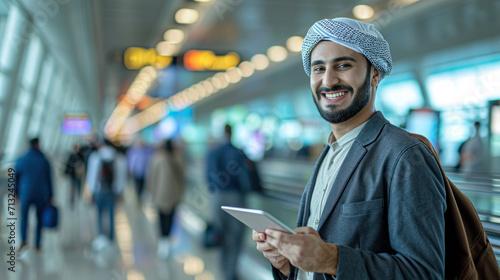 Travelling Arabic man inside airport wearing traditional kandora thawb menswear © Kowit