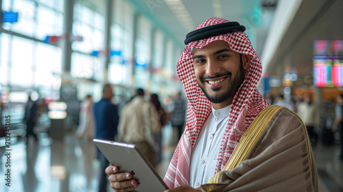 Travelling Arabic man inside airport wearing traditional kandora thawb menswear photo