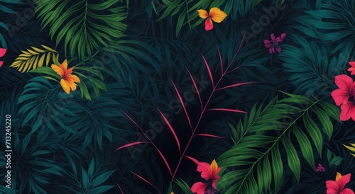 Tropical leaves and flowers in the night style for men`s prints. Seamless vector jungle wallpaper pattern black background, generative, AI © Oleks Stock