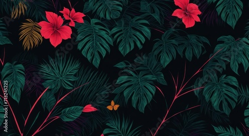 Tropical leaves and flowers in the night style for men s prints. Seamless vector jungle wallpaper pattern black background  generative  AI