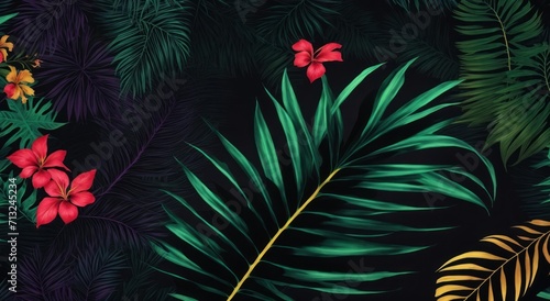 Tropical leaves and flowers in the night style for men s prints. Seamless vector jungle wallpaper pattern black background  generative  AI