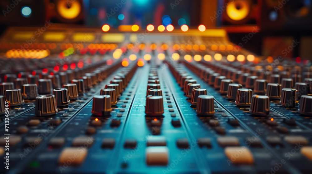 A close up view of sound mixer console in a recording studio
