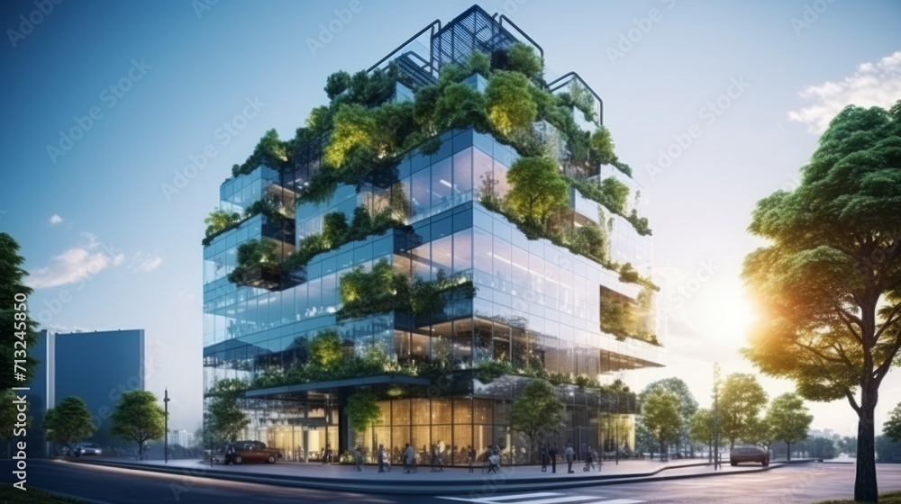 Eco-friendly building in the modern city. Sustainable glass office building with tree for reducing carbon dioxide