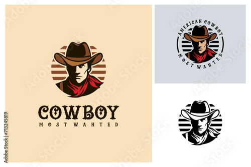 Cowboy vintage hand drawn illustration, wild west logos vector, cowboy with red bandana