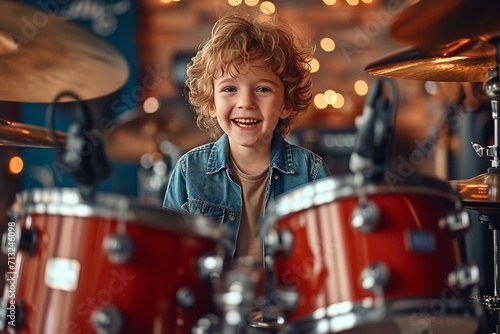 A happy youngster having fun with musical drum with copy space, Generative AI.
