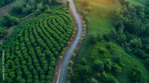 Aerial view of the road cutting through the agriculture field in rural area of Chiang Rai province of Thailand.
 photo