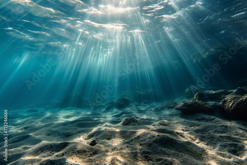 Under the water with dramatic lighting in the ocean. Generative AI