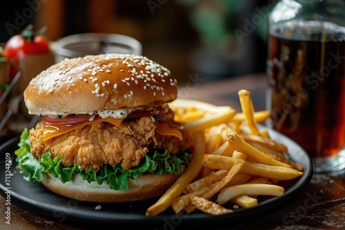 crispy chicken burger with french fires and cola drink