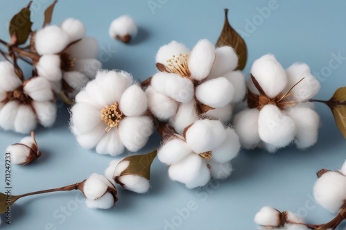 Branches of cotton flowers on blue background composition. cotton flowers background. flat lay, top view.  © azait24