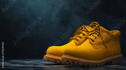 Par de botas de segurança amarelo isolado no fundo cinza  photo