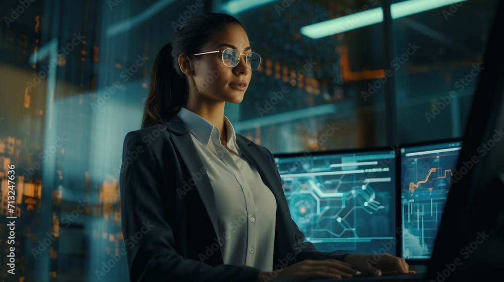Woman Standing in Front of Computer Screen, Women Day Woman Standing in Front of Computer Screen, Women Day