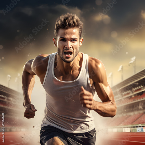 Young athlete running on the race track. Portrait of young runner in sports clothes isolated on sports track background.