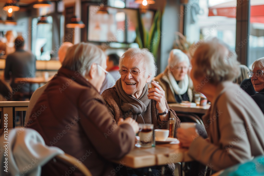 A group of senior ladies sharing joyous moments and coffee in a bustling cafe, embodying the spirit of lasting friendship