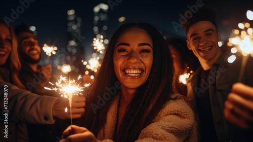 Group of People Holding Sparklers in Their Hands Happy New Year