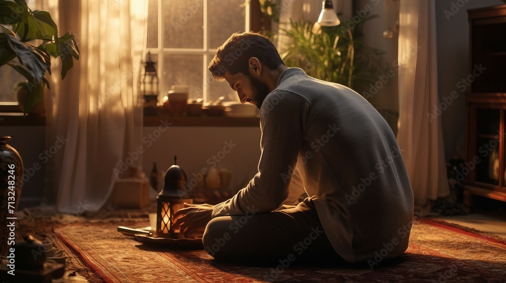 Man Sitting on Floor in Front of Window, Relaxing and Observing the View, Ramandan Man Sitting on Floor in Front of Window, Relaxing and Observing the View, Ramandan