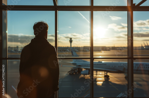 A male traveler stands by the terminal window gazing at planes on the runway in the golden hour light