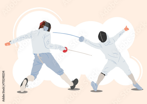 Fencing players vector illustration isolated on white background. Fencing duel competition event. Sword fighting. Sport game workout. Athlete men art figures in white suits and protective equipment