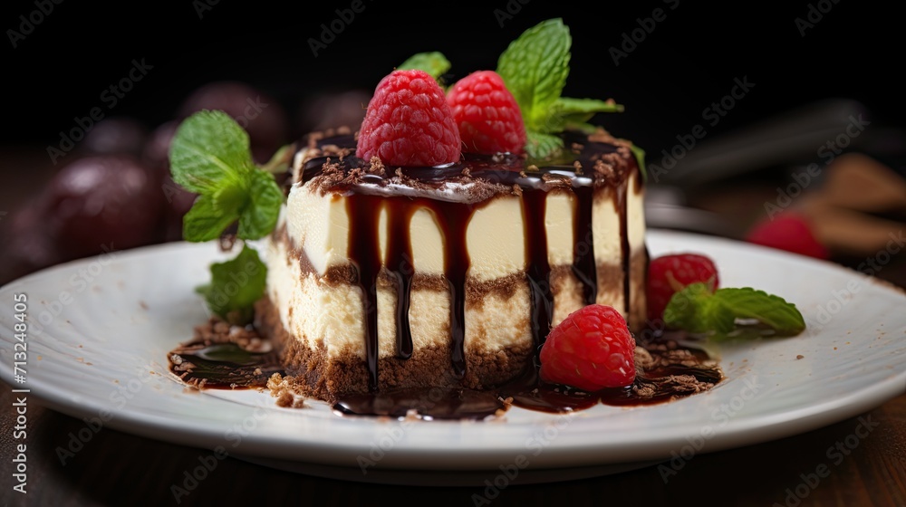 Professional food photography of Cheesecake with chocolate sauce Professional food photography of Cheesecake with chocolate sauce