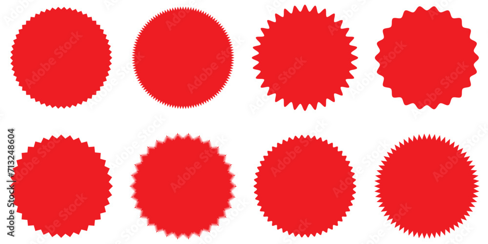 Starburst red sticker set - collection of special offer sale round and oval sunburst labels and buttons isolated on white background. Promotional sticky notes and labels. - obrazy, fototapety, plakaty 