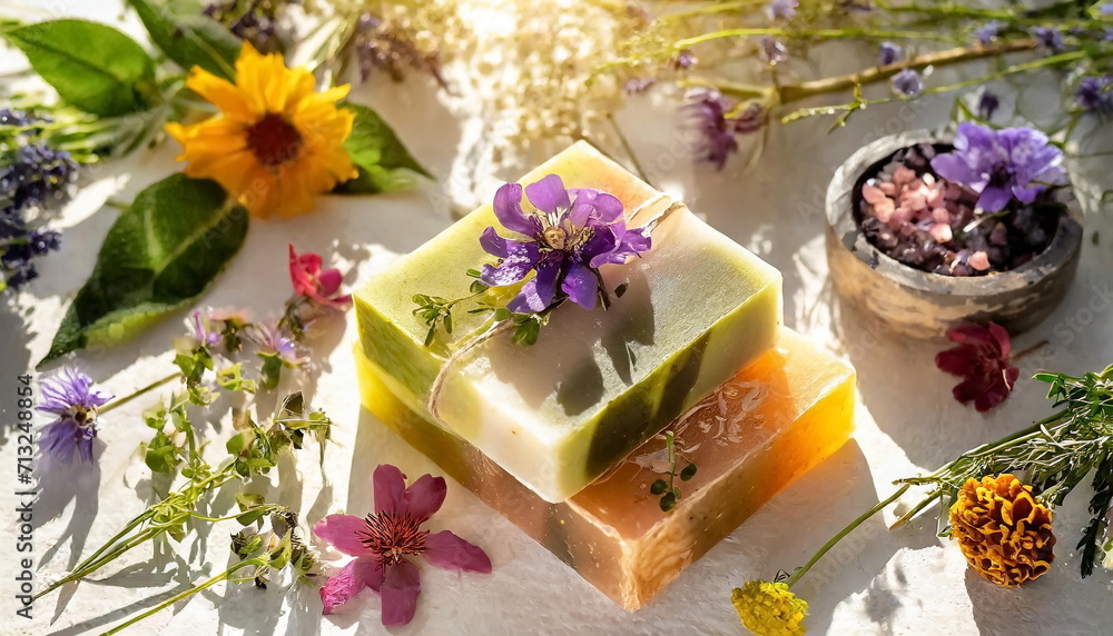 Herbal soap bars with flowers and oil