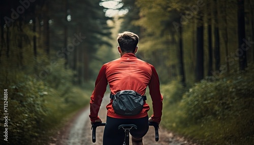 Close up of man in sport clothing standing behind nature with black bicycle. Athlete cyclist in outdoor nature healthy active lifestyles