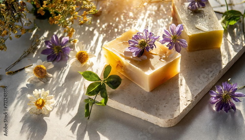 Herbal soap bars with flowers and oil