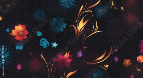 leaves and flowers in the night style for men s prints. Seamless vector jungle wallpaper pattern black background  generative  AI