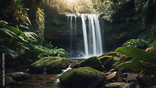 Waterfall cascade on mountain rocks surrounded by foliage and mossy stones