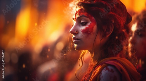 Woman With Red Paint on Face,, Holi