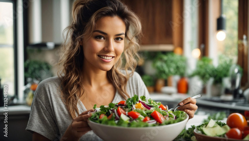 Beautiful sporty woman eating tasty vegetable salad in kitchen at home