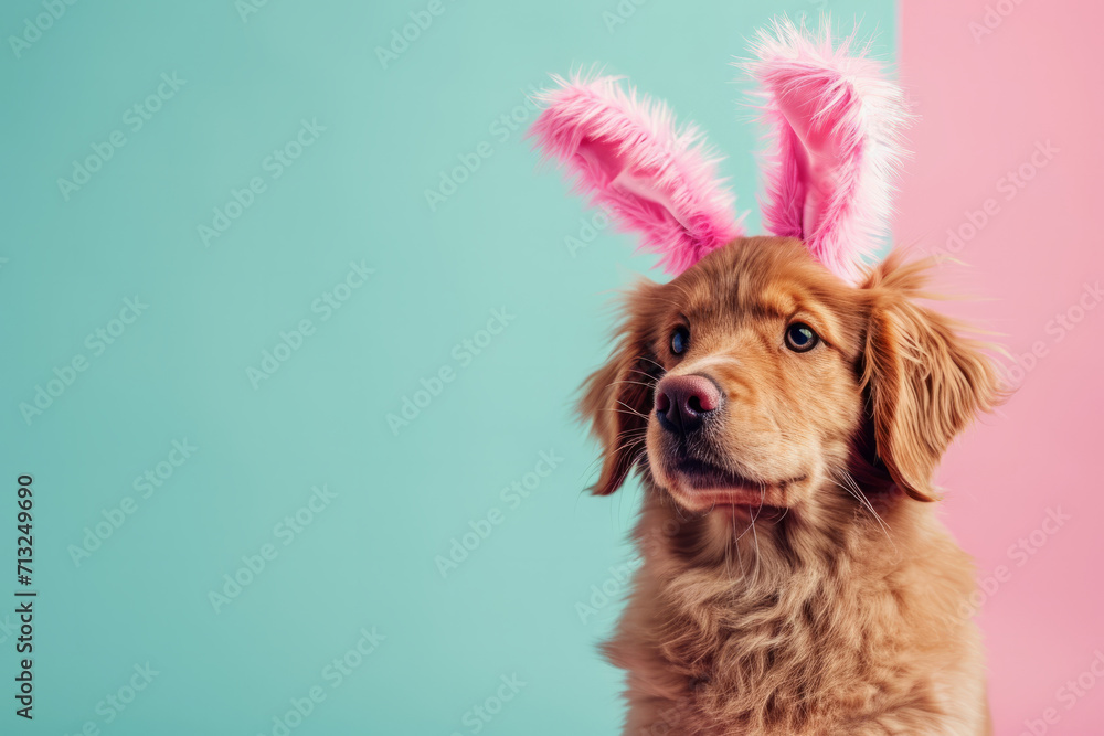 Portrait of a cute puppy wearing easter bunny ears. Happy easter concept - obrazy, fototapety, plakaty 