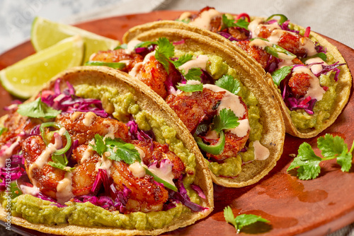 Spicy Shrimp Tacos with Coleslaw and Guacamole