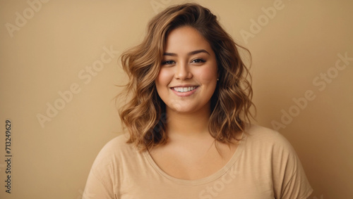 Young overweight smiling woman on isolated beige background