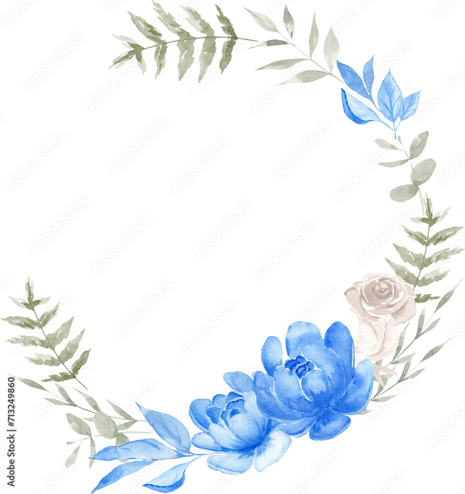 Elegant watercolor floral wreath. Round frame for wedding and greeting cards and stationary. Place for your text.