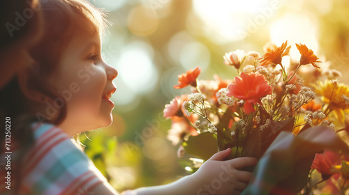 Emotions of a happy child with a bouquet in his hands on a blurred background with the effect of bokeh. Summer season, warm sunny day. Cute little girl with bouquet of flowers in the garden. photo