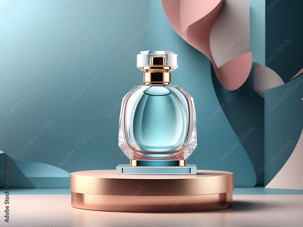 Perfume glass bottle on podium mock-up banner, cosmetics abstract geometric stage, product ad on showroom platform. Realistic 3d illustration design. Perfume glass bottle on podium mock-up banner, cosmetics abstract geometric stage, product ad on showroom platform. Realistic 3d illustration design.