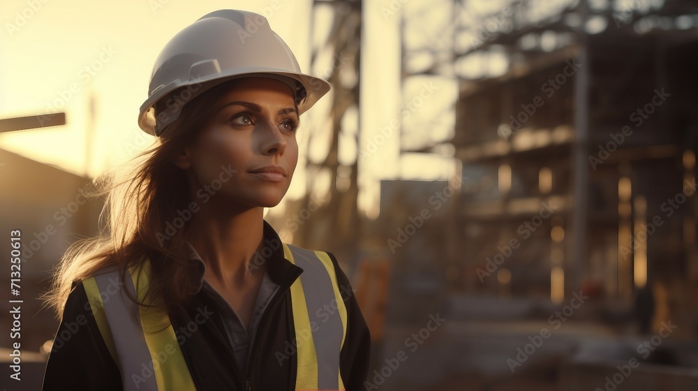 Woman Wearing Hard Hat and Safety Vest on Construction Site, Women History Day Woman Wearing Hard Hat and Safety Vest on Construction Site, Women History Day