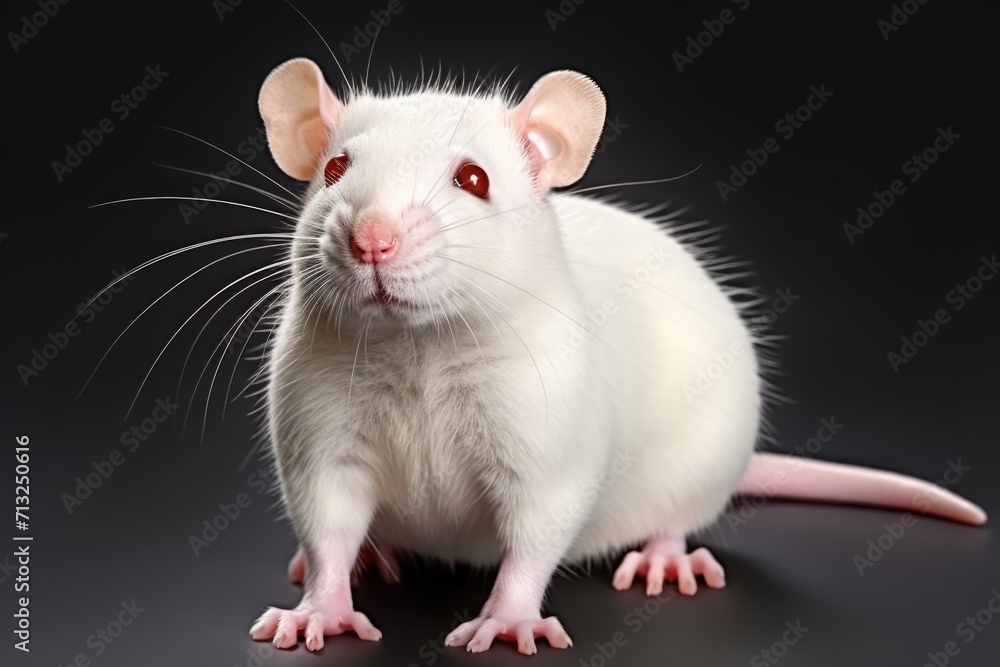 A white rat sitting on top of a table. Laboratory animal, testing model for research.