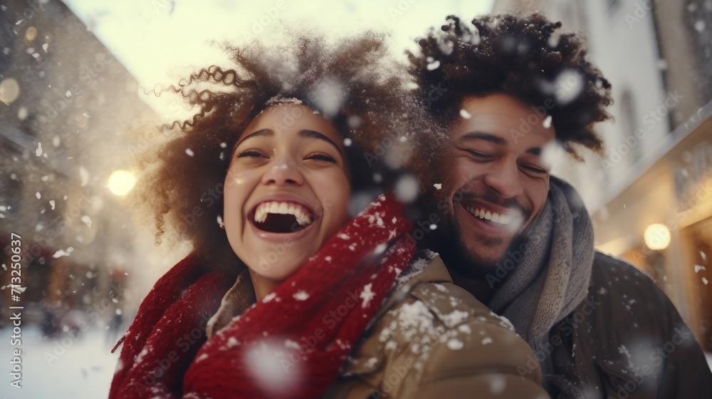 Man and Woman Laughing in the Snow, Joyful Winter Moment of a Couple, valentine Day Man and Woman Laughing in the Snow, Joyful Winter Moment of a Couple, valentine Day