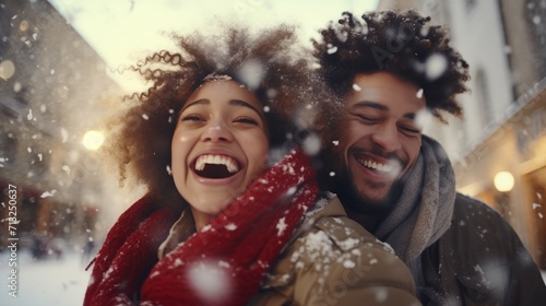 Man and Woman Laughing in the Snow, Joyful Winter Moment of a Couple, valentine Day