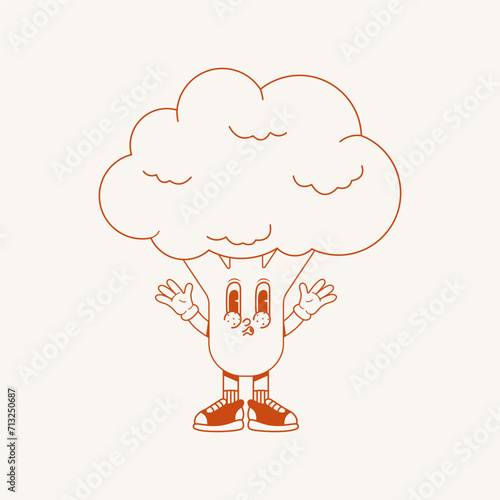 Cute character broccoli in trendy groovy retro 70s style. Vector illustration