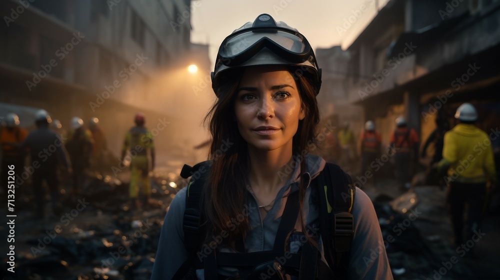 Woman Standing in Middle of Destroyed Building After Catastrophic Event, Women History Day Woman Standing in Middle of Destroyed Building After Catastrophic Event, Women History Day