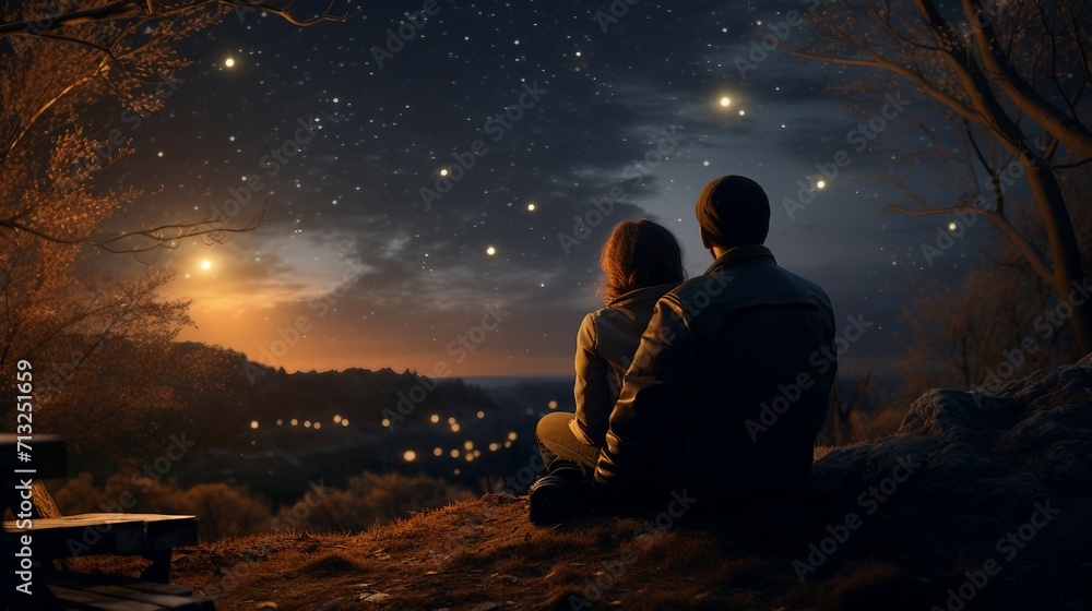 Two People Sitting on a Hill Watching the Stars at Night, valentine Day