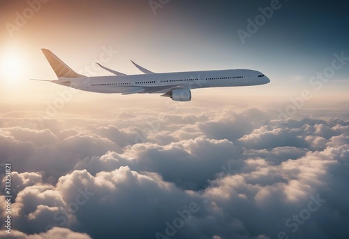 Passengers commercial airplane flying above clouds Concept of fast travel holidays and business