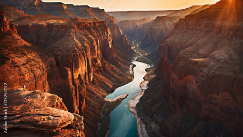 The breathtaking of grand canyon with water flow between deep cliff photo