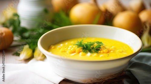 Professional food photography of Soup with corn and potatoes
