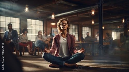 Woman Sitting in Lotus Position With Others in Room, Employee Appreciation Day