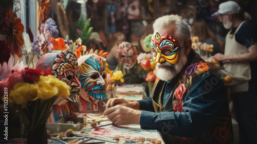 Man With Mask Working on Art, Carnival Checked