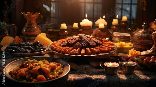 Abundance of Various Dishes Arranged on a Table for a Delectable Feast, Ramandan